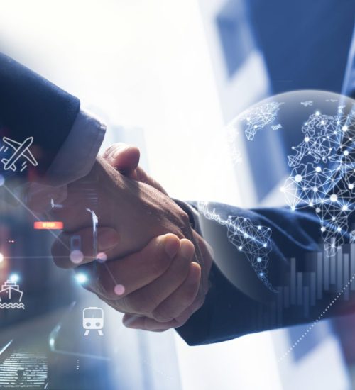 Smart logistics, Global business concept. Businessman making handshake for successful business, investment deal teamwork and partnership business partners on logistic global network distribution and supply chain